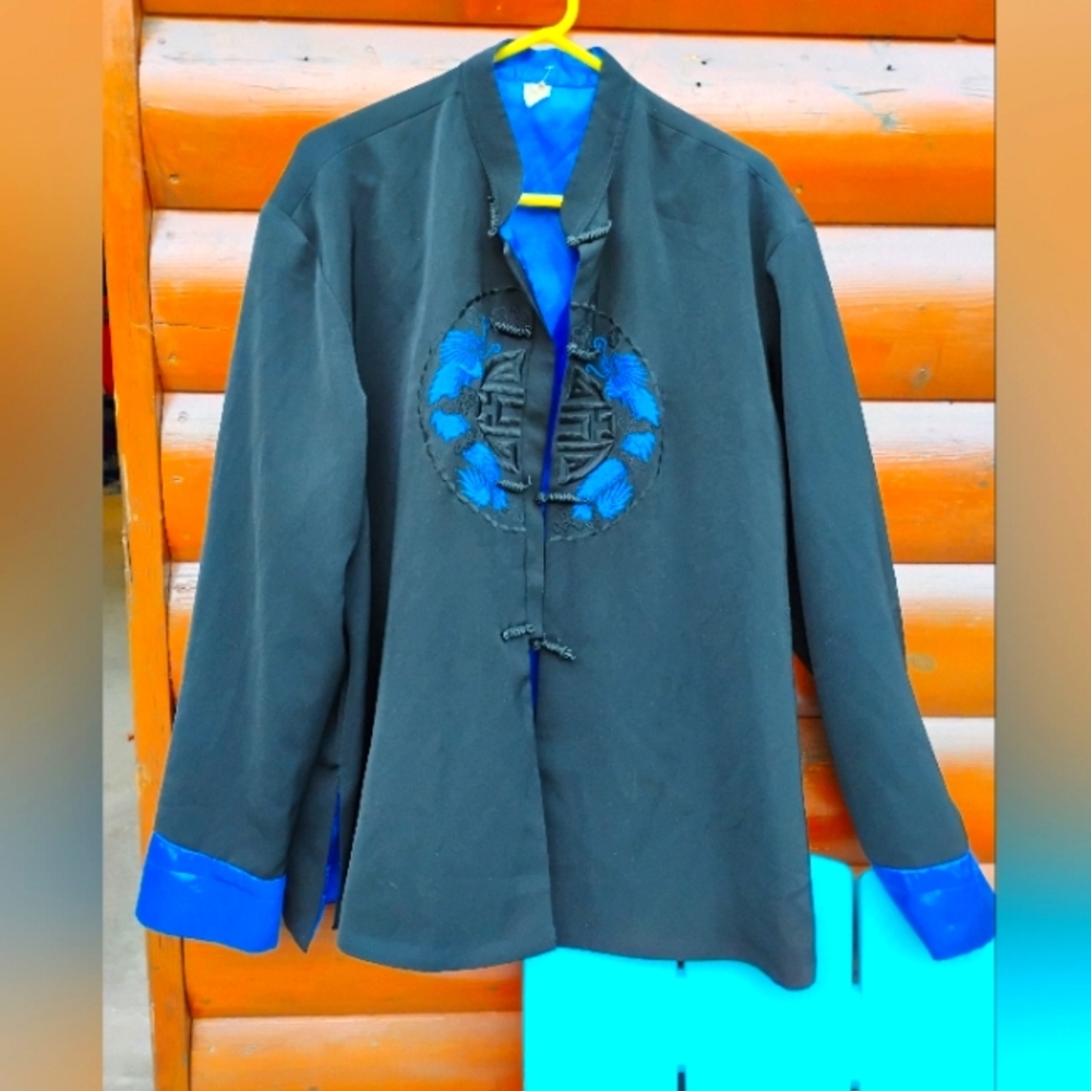 🐉 Vintage Chinese 100% Dragon COBALT BLUE Embroidered KIMONO SHIRT Sz XL  EVC